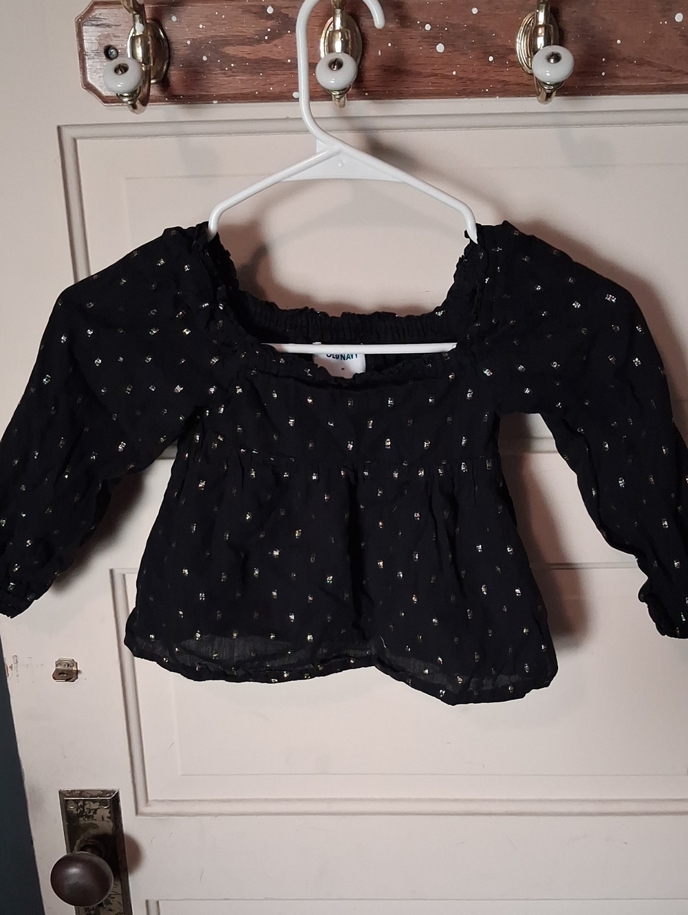 Old Navy Black Peasant Top with Metallic Dots